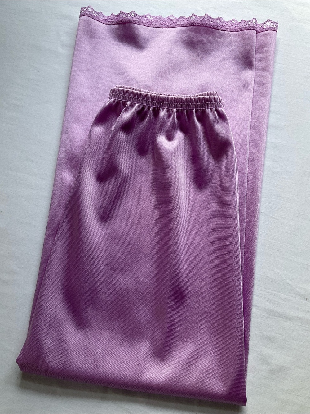 Vanity Fair Lilac Satin Half Slip with Lace Trim Shirt Tail Slit